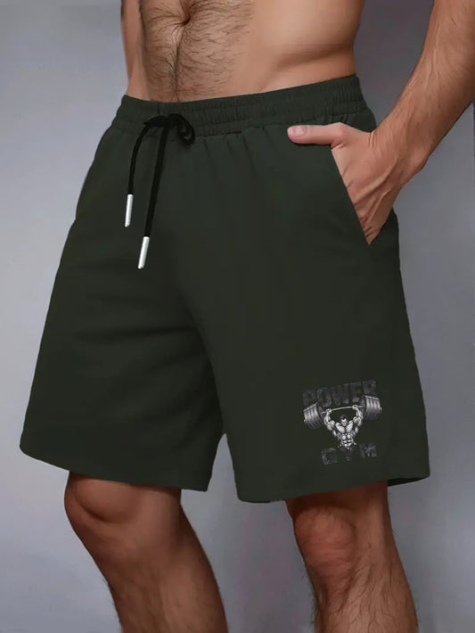 Power Gym Men's casual shorts made of 100% polyester non-stretch woven fabric. Features regular fit with pockets and a muscular barbell print. Big and tall sizes, plus sizes available.