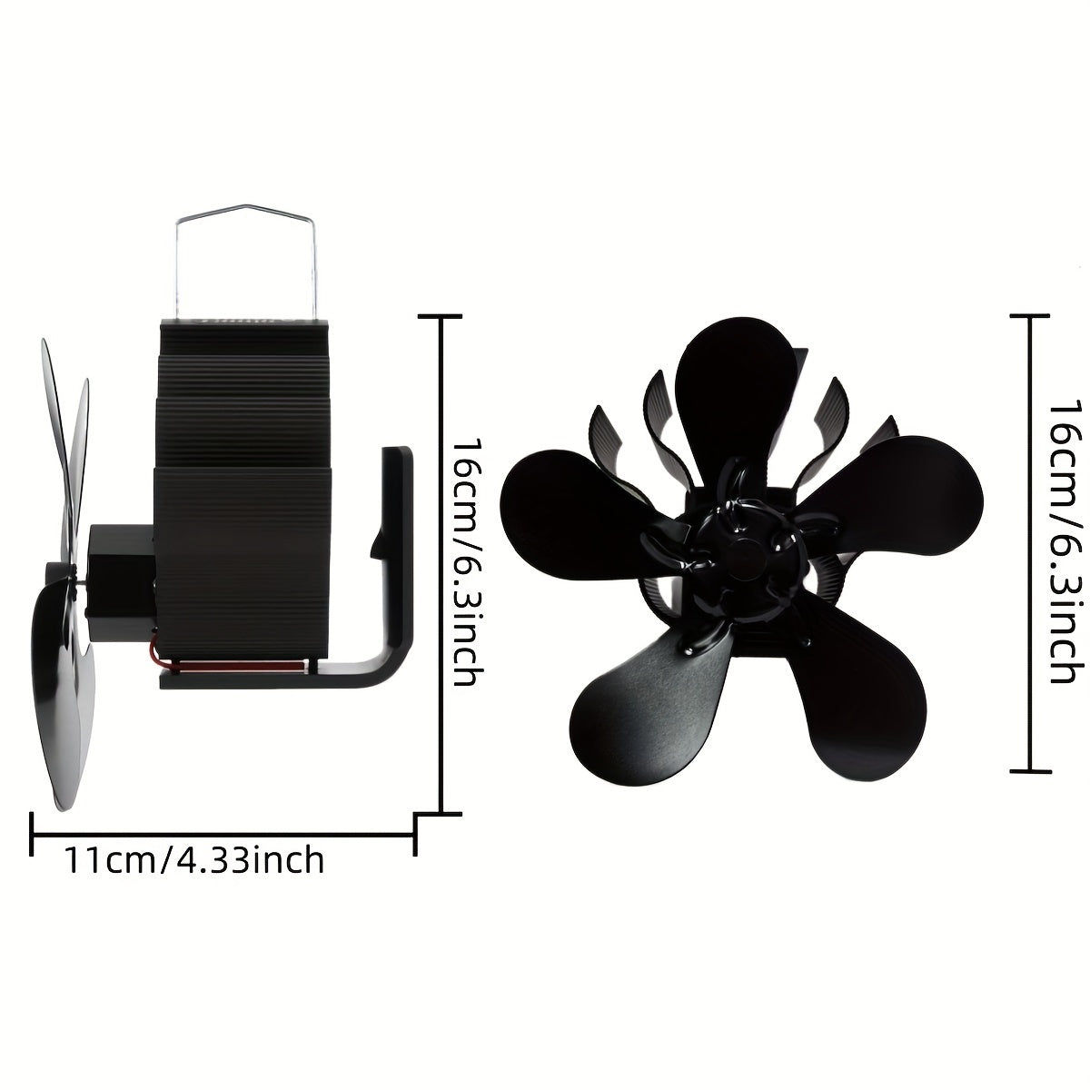 Wood burning stove fan with 5 blades made of aluminum, featuring a high-speed polished finish for improved air circulation. Does not require electricity, includes multiple components for efficient heat distribution.