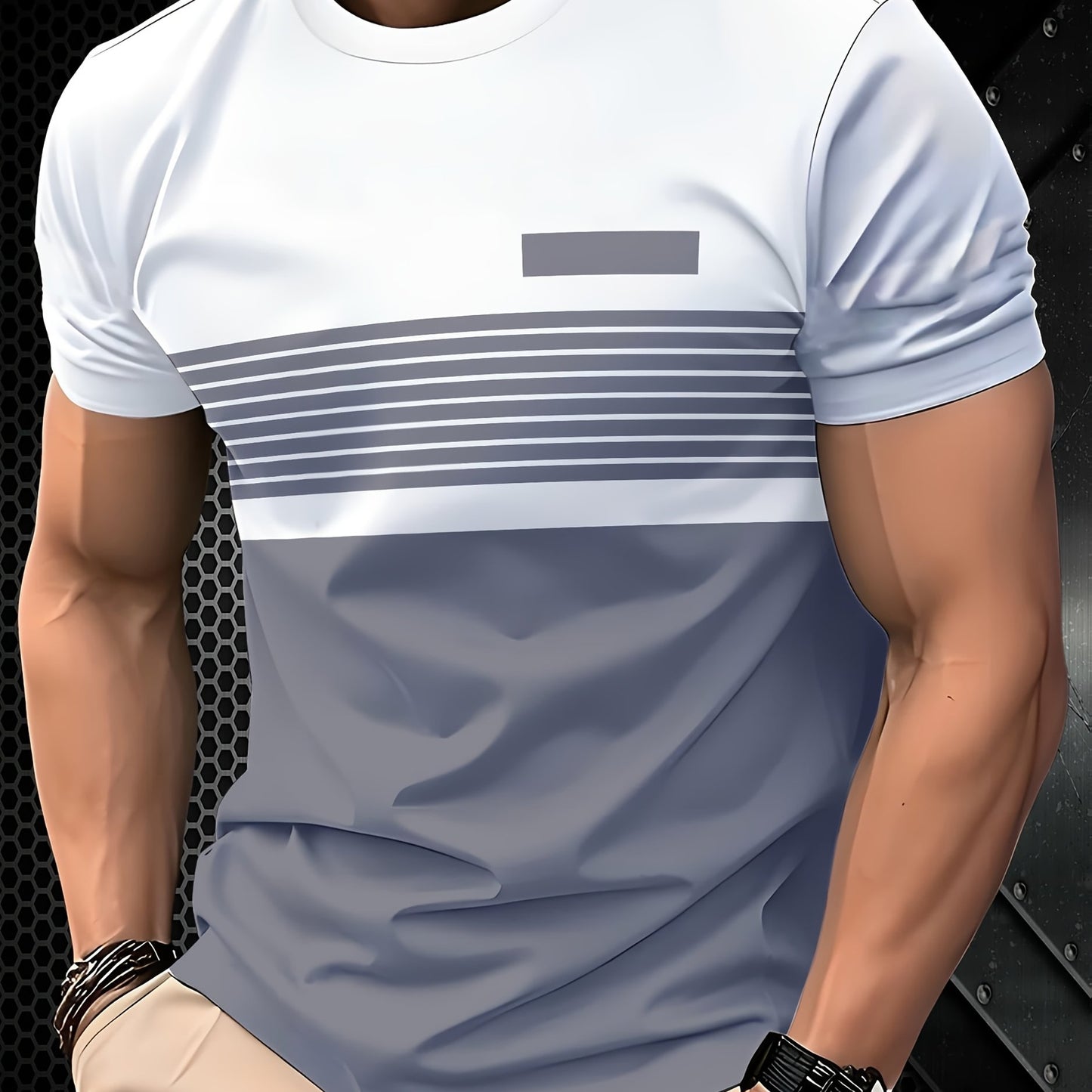 Men's striped 3D print tee - breathable poly blend, crew neck, short sleeve summer top.