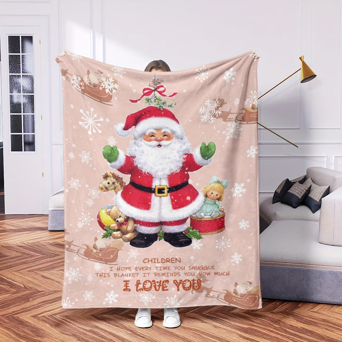 Soft flannel throw blanket featuring a mid-century Santa Claus print. This all-season, stain-resistant blanket is perfect for adding a touch of fantasy to your bedding. With digital print woven craftsmanship, this blanket makes an ideal holiday gift for