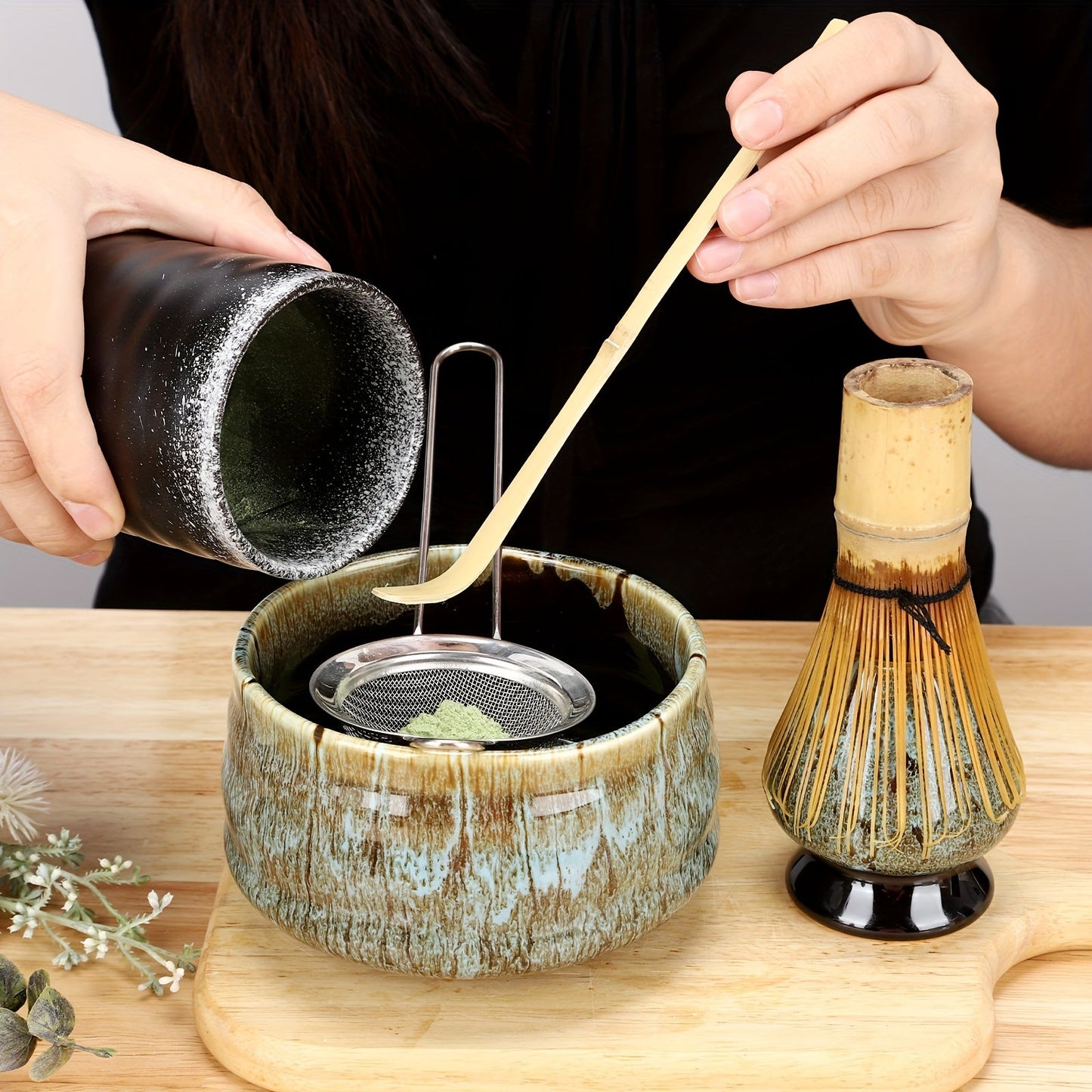 Complete Matcha Ceremony Set with 5 Kiln-Fired Blue Ceramic Tea Cups and Accessories - Includes Whisk, Scoop, Ladle, and Brush - Perfect for Holiday Gift Giving (Halloween, Christmas, Easter, Thanksgiving)