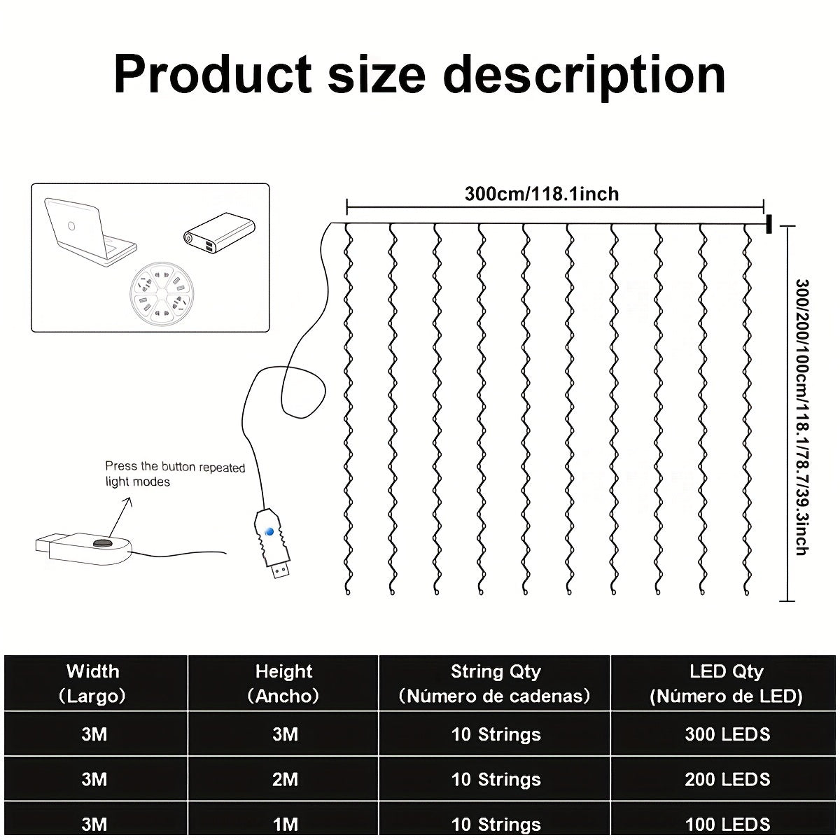 300/200/100 LED Curtain String Lights, 8 Modes, USB Plug In, Copper Wire Lights for Bedroom Window, Halloween, Christmas, Wedding Party.