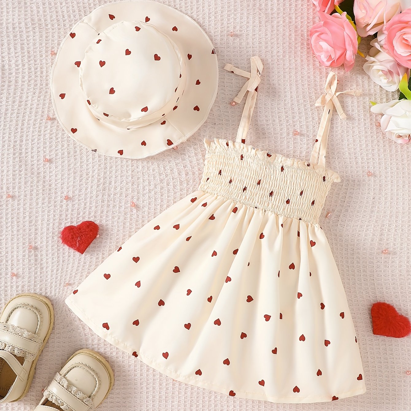 Girls' sleeveless umbrella skirt dress with peach heart print, drawstring suspender, perfect for summer outdoor wear.