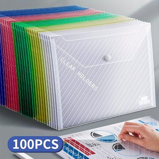 100pcs, Mixed color + white, A4 size plastic document envelopes with quick closure, ideal for storing essential back-to-school documents.