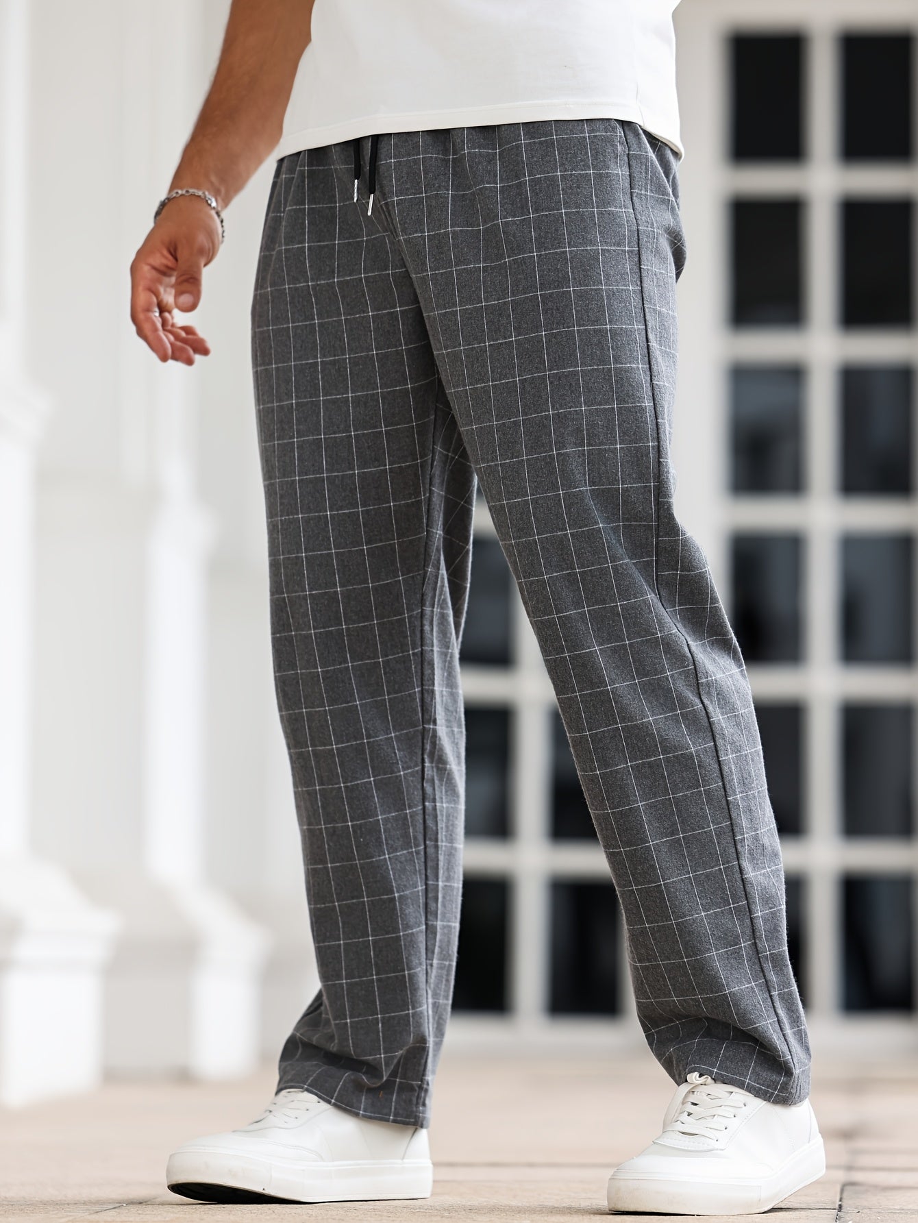 Men's Comfortable Plaid Sleep Pants with Drawstring, Machine Washable Polyester, Black & White Grid Pattern