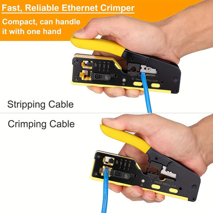 Yellow Ratcheting Modular Data Cable Crimper with Wire Stripper, Cutter, and Non-slip Grip for RJ11/RJ12 & RJ45 Connectors.