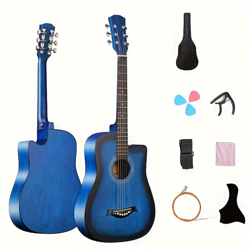 Beginner kit for a 96.52 cm acoustic guitar, featuring a basswood panel with matte finish, 18 frets, and includes bag, picks, strings, and strap.