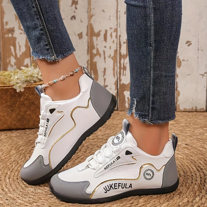 JUKEFULA Women's Colorblock Sneakers - White & Gray, Anti-Slip, Soft PVC Sole, Round Toe, Lace-Up Closure, All Seasons