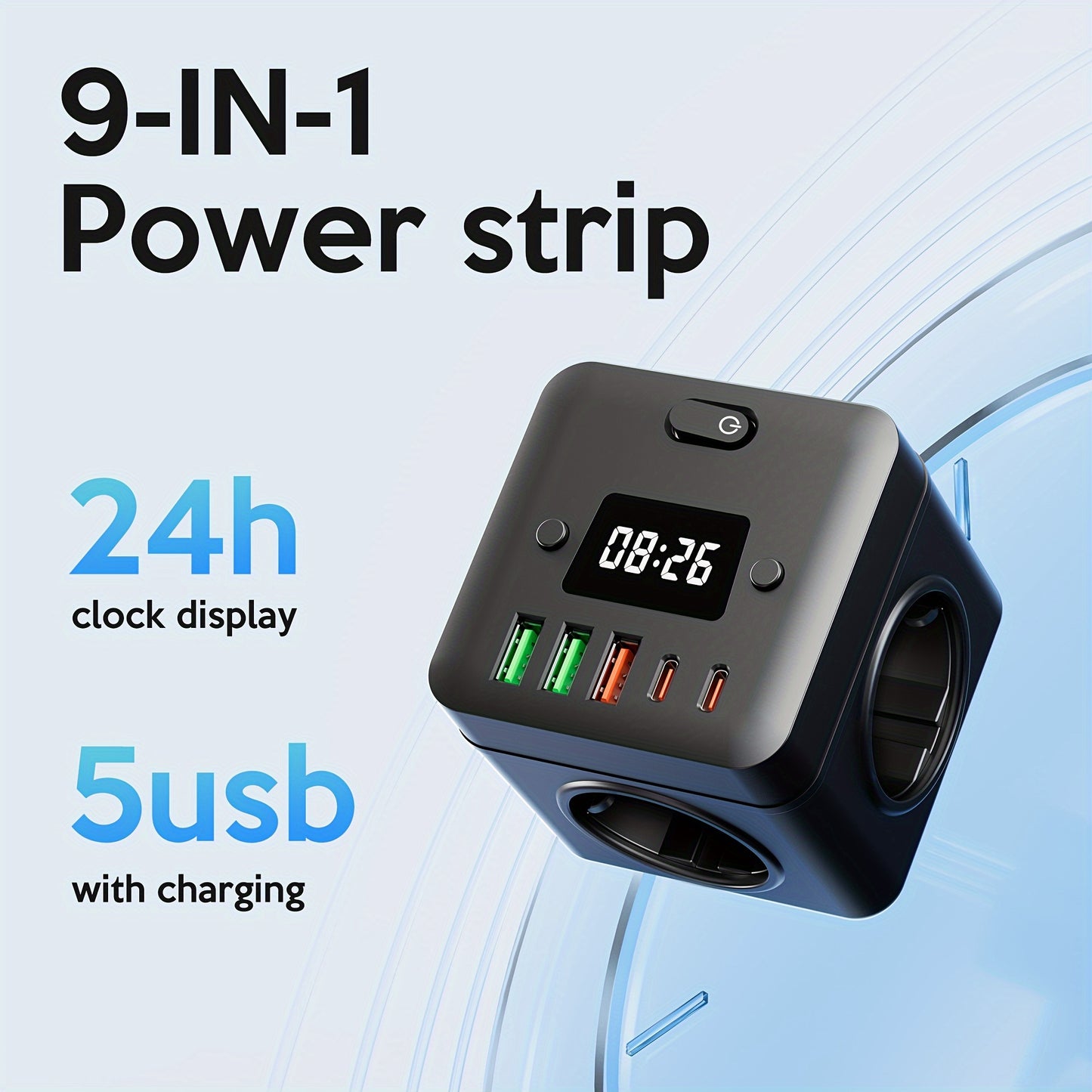 9-in-1 power strip with clock, 3 EU outlets, 3 USB-A ports, 2 USB-C ports, overload protection, wall mountable. Ideal for home, office, travel, dorm, gaming room.