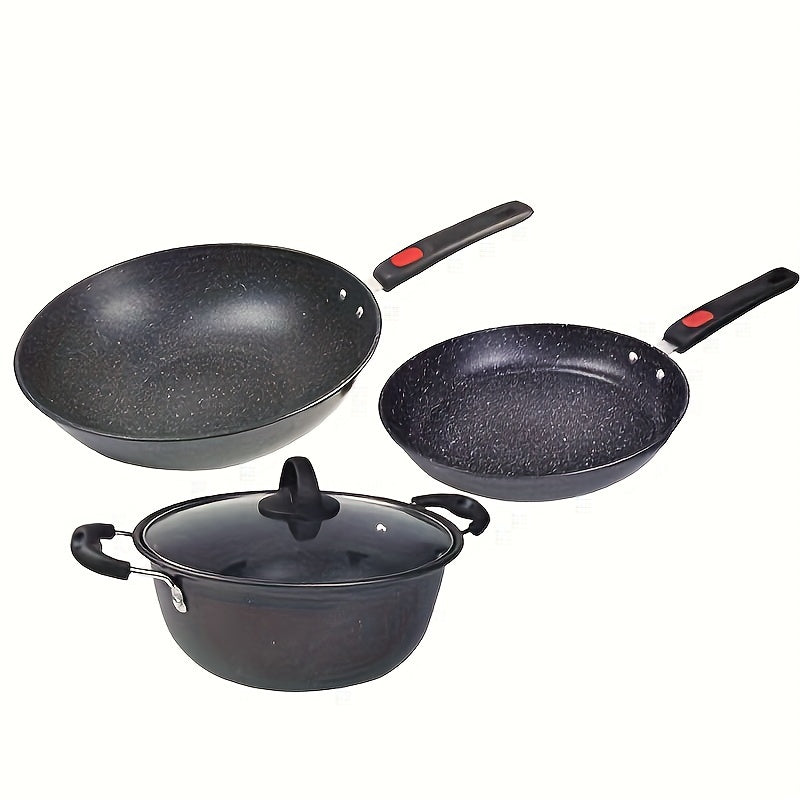 Set of 3 Cast Iron Cookware Pieces with Non-Stick Maifan Stone Coating - Set includes Frying Pan, Skillet, and Stock Pot - Ideal for Home Cooking