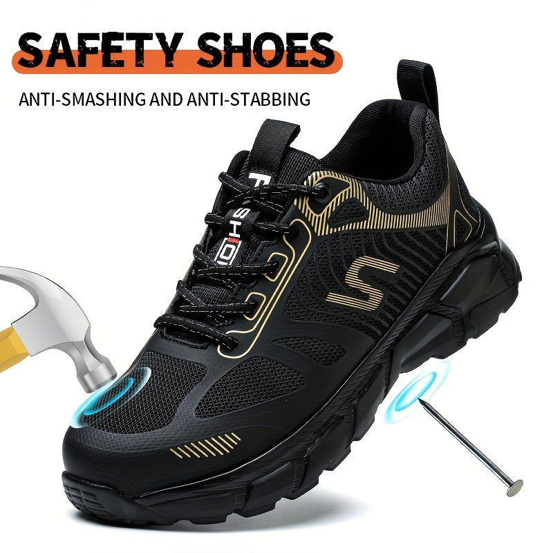 Breathable steel toe work sneakers for men with anti-smashing and puncture-proof features, offering comfort and protection.