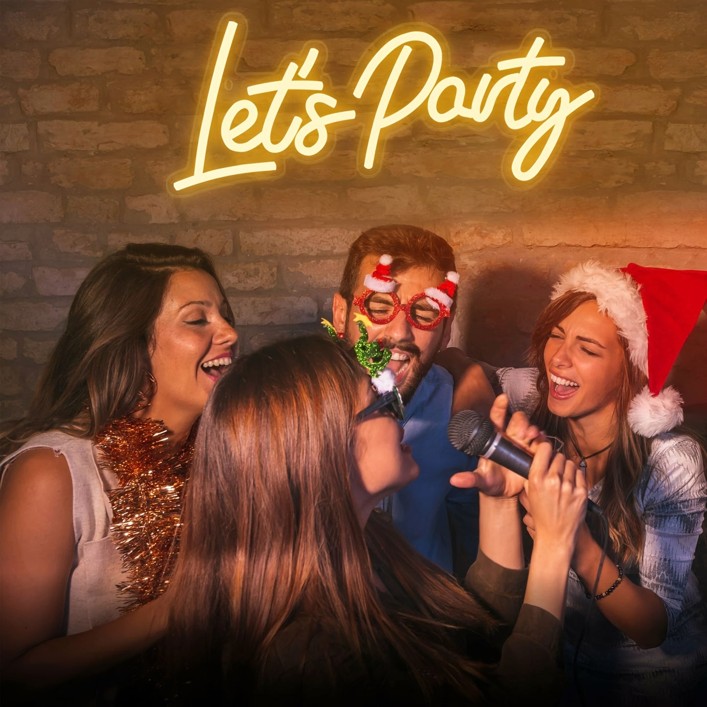 Neon 'Let's Party' sign ideal for festive wall decor in homes, offices, weddings, and holiday parties, powered by USB.