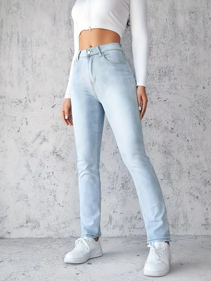 Women's Stretch High-Waisted Straight-Leg Jeans - Light Blue Distressed Denim with Functional Pockets, Half-Button Placket & Invisible Zipper, Versatile Streetwear Style