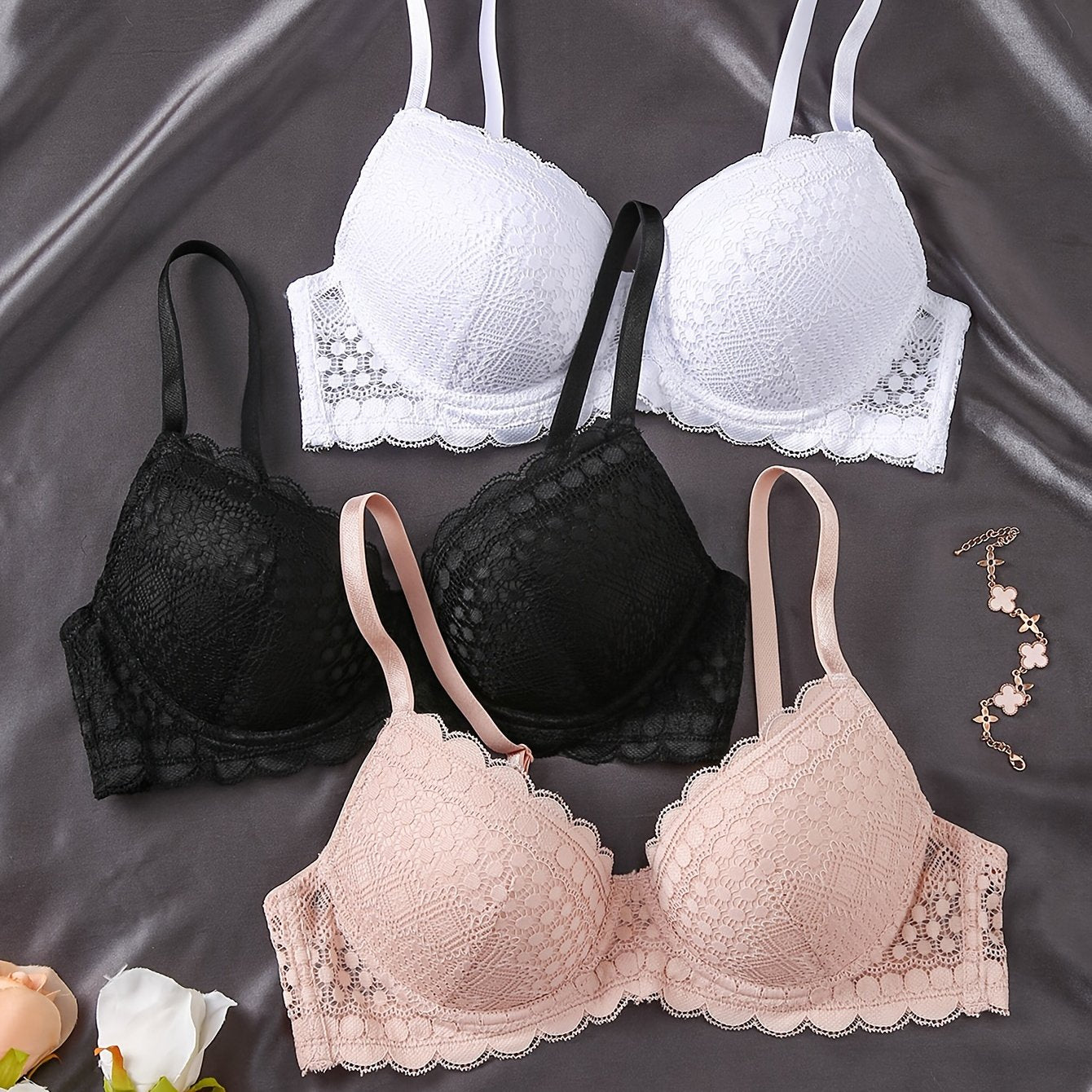 3 solid lace underwire bras for women, sexy push-up and comfortable, in lingerie & underwear.