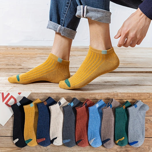 Ten pairs of new Men's boat socks with mixed colors and thin, shallow cut style for a retro, breathable look.