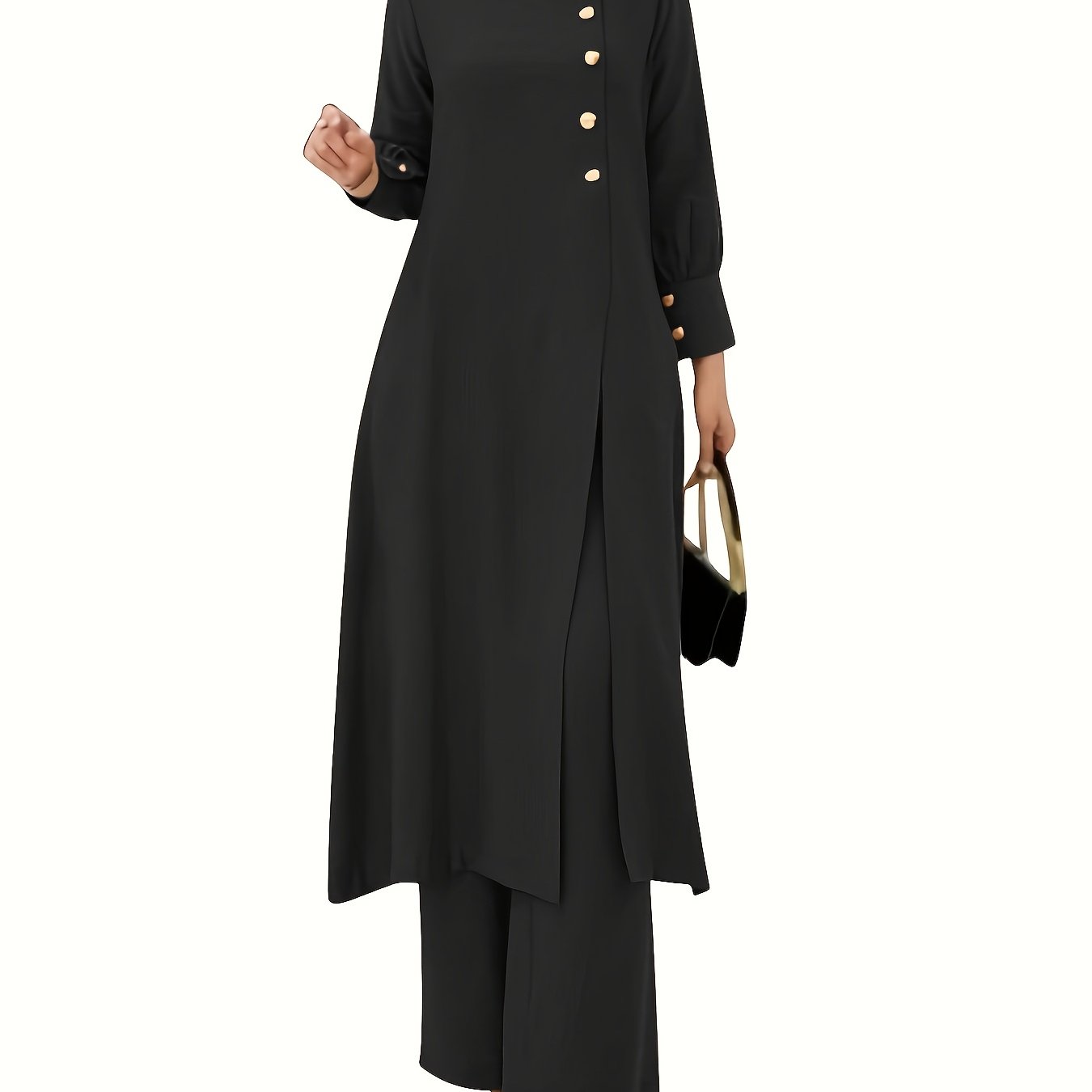 Stylish black polyester two-piece set with lantern sleeves and decorative buttons. Loose-fitting top and wide-leg pants for all-season comfort, machine washable.