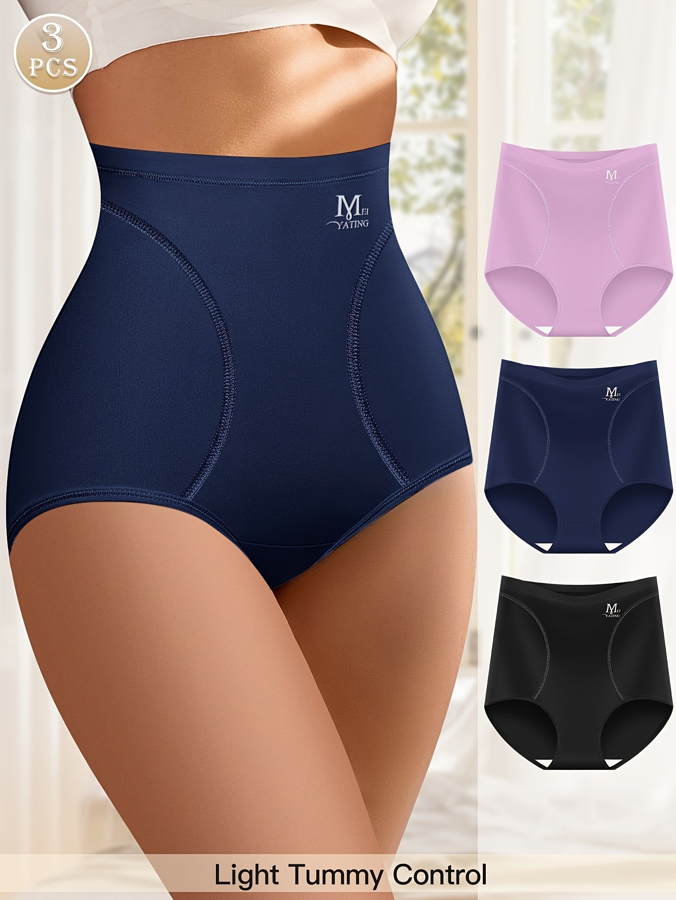 3-Pack of MIOTAN high-waisted tummy control briefs for women made of seamless solid color fiber with an elegant style and comfortable fit. They are designed for shaping and lifting, made of