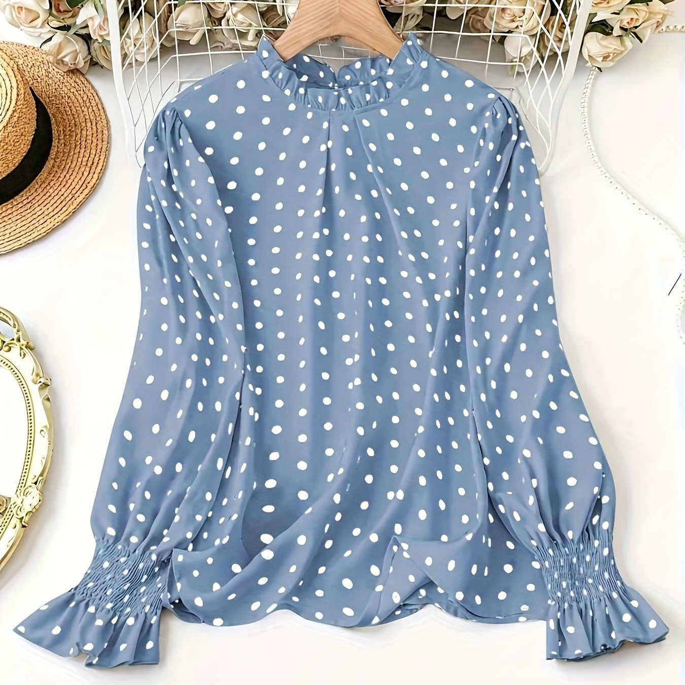 Plus Size Polka Dot Blouse with Shirred Cuffs, Crew Neck, and Long Sleeves for Spring & Fall, Women's Plus Size Clothing.