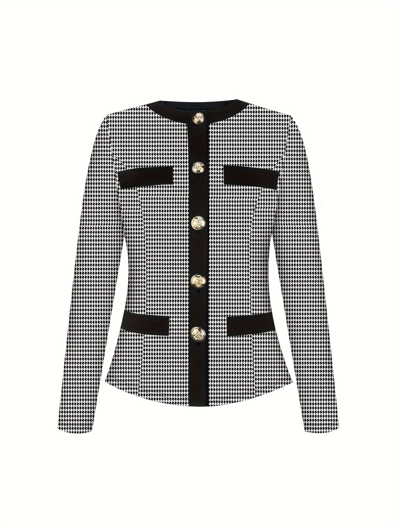 Elegant women's houndstooth print set with long sleeve button top and skirt.