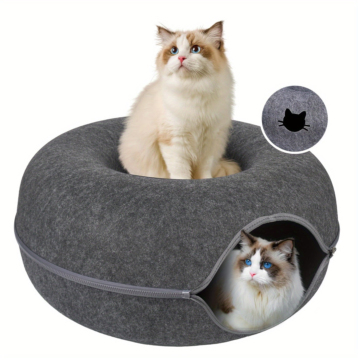 Versatile cat tunnel bed made of cozy wool felt in gray, with foldable design and zippered split for easy cleaning. Perfect for play, sofa, or bed use.