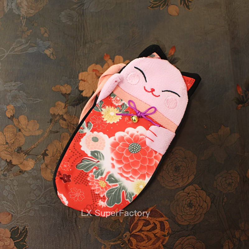 Soft fabric glasses case featuring a lucky cat design, perfect for storing eyewear in a Chinese-inspired knitted style pouch. Lens case included.