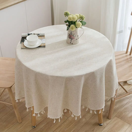 Polyester cream tassel lace tablecloth in khaki, perfect for Thanksgiving or holiday parties. Suitable for picnics or room decoration.