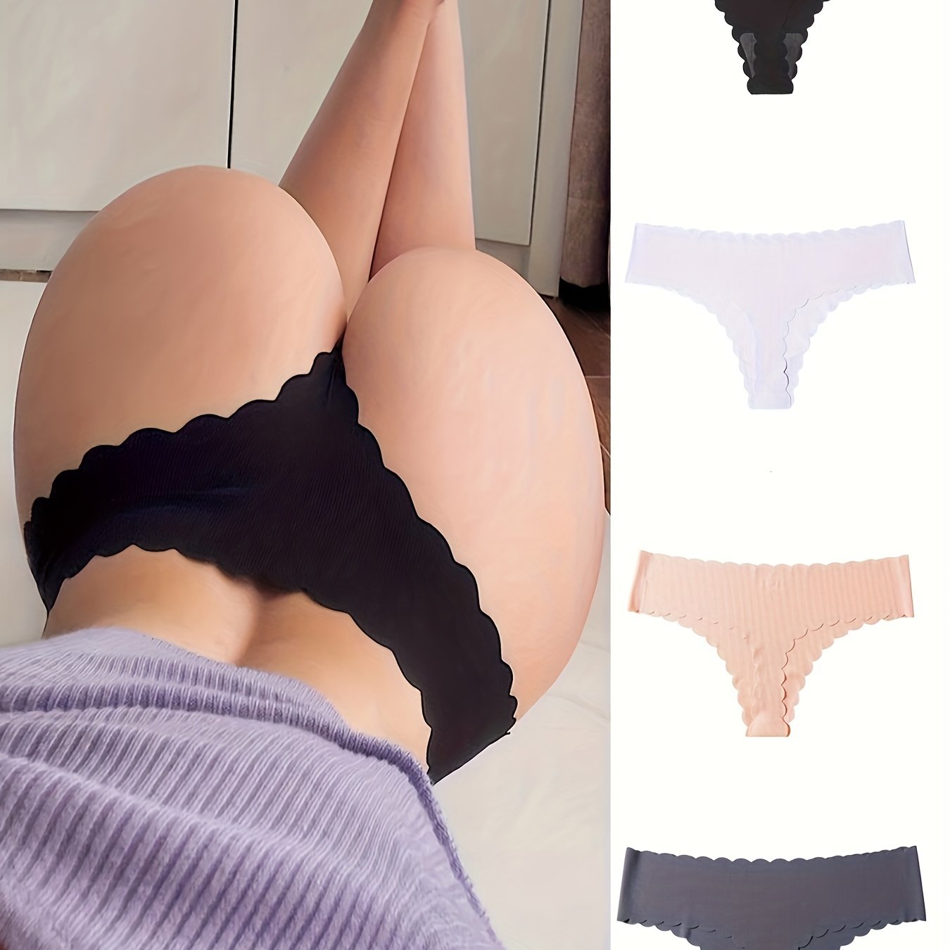 4 Scallop Trim Thongs - Comfortable Seamless Stretchy Panties for Women