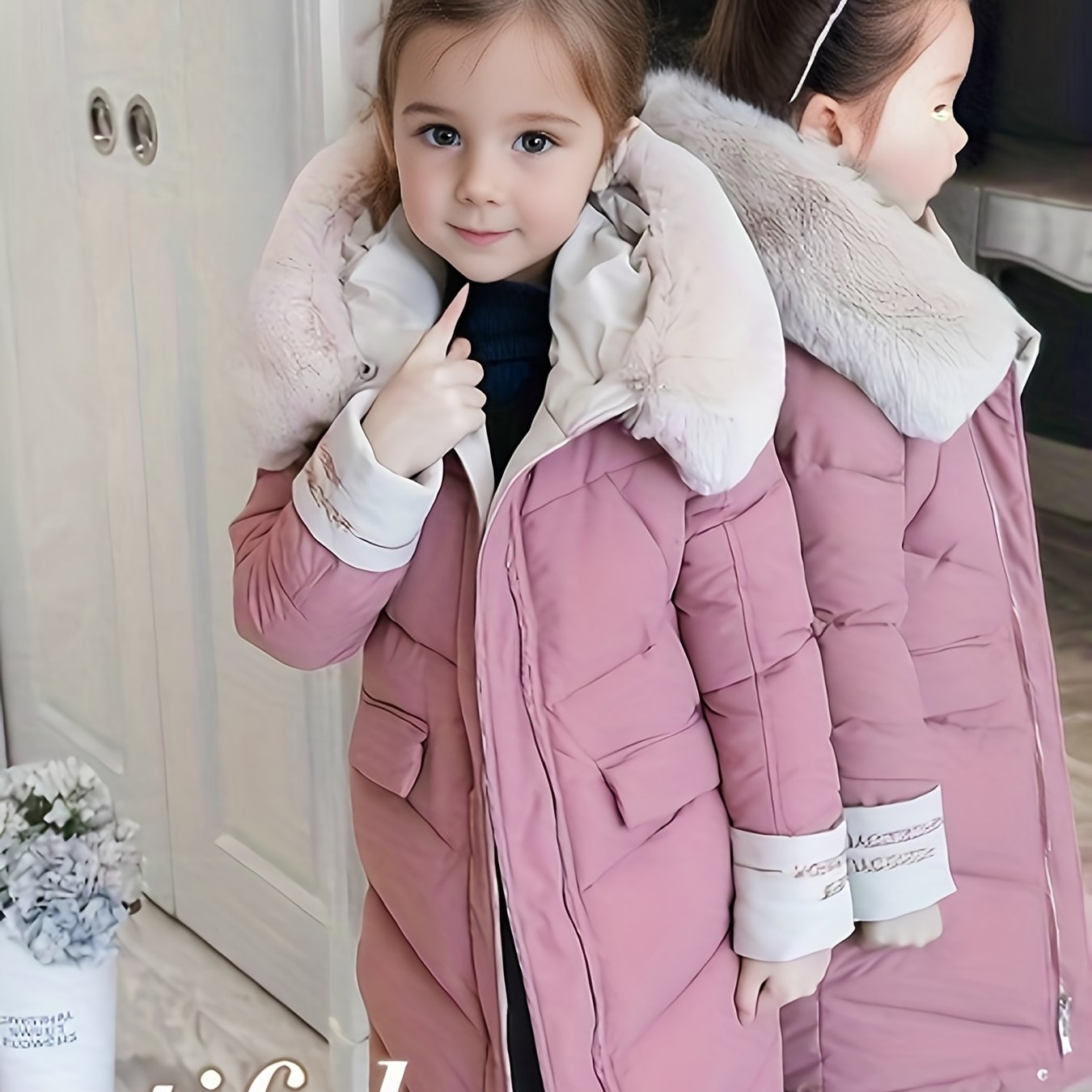 Stylish mid-length winter coat with faux fur hood for Korean fashion lovers. Made of 100% polyester and machine washable, with striped cuffs for added flair.