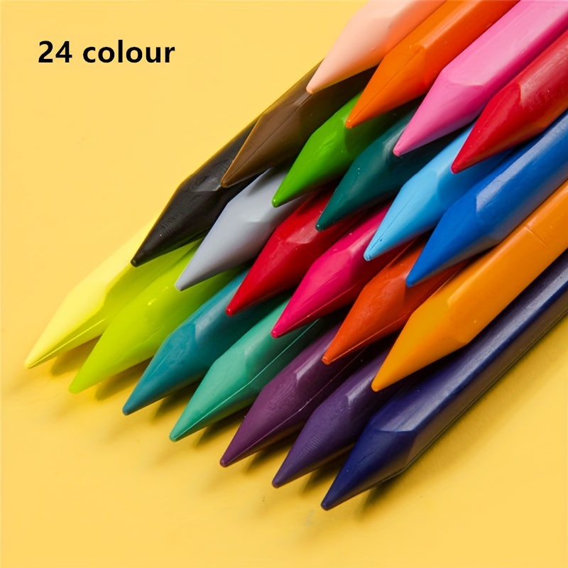 Washable triangular crayons in 6/12/18/24 vibrant colors with ergonomic grip for youngsters. Non-staining.