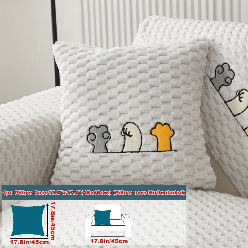 Modern honeycomb fleece sofa cover with embroidered design, pet-friendly protection for furniture, plush slipcover for various sofas. One-piece design with anti-slip backing for home and office decor.