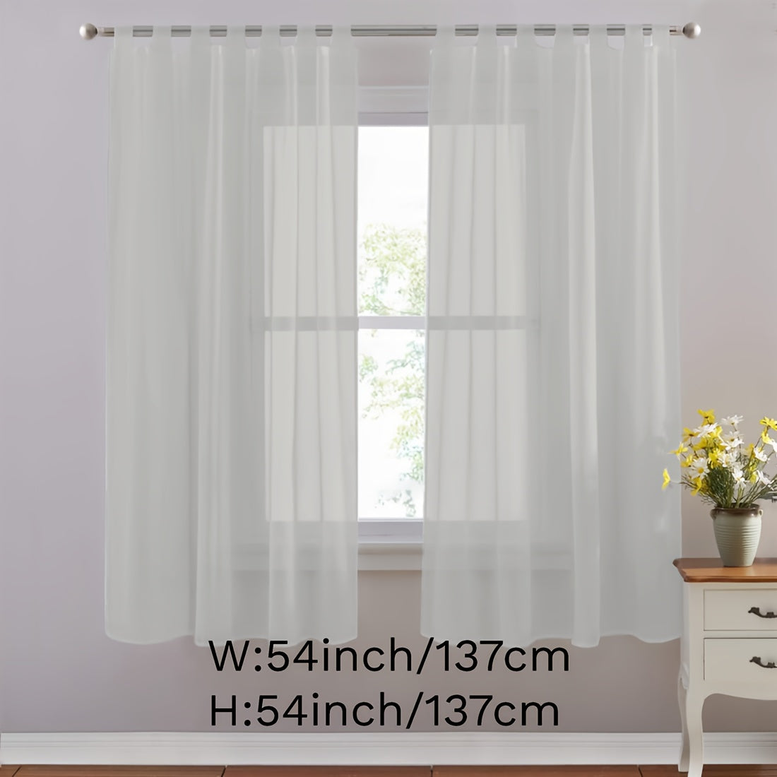 Set of 2 lightweight solid white sheer curtains with tab tops, perfect for bedroom, living room, and dining room. Includes 2 pieces.