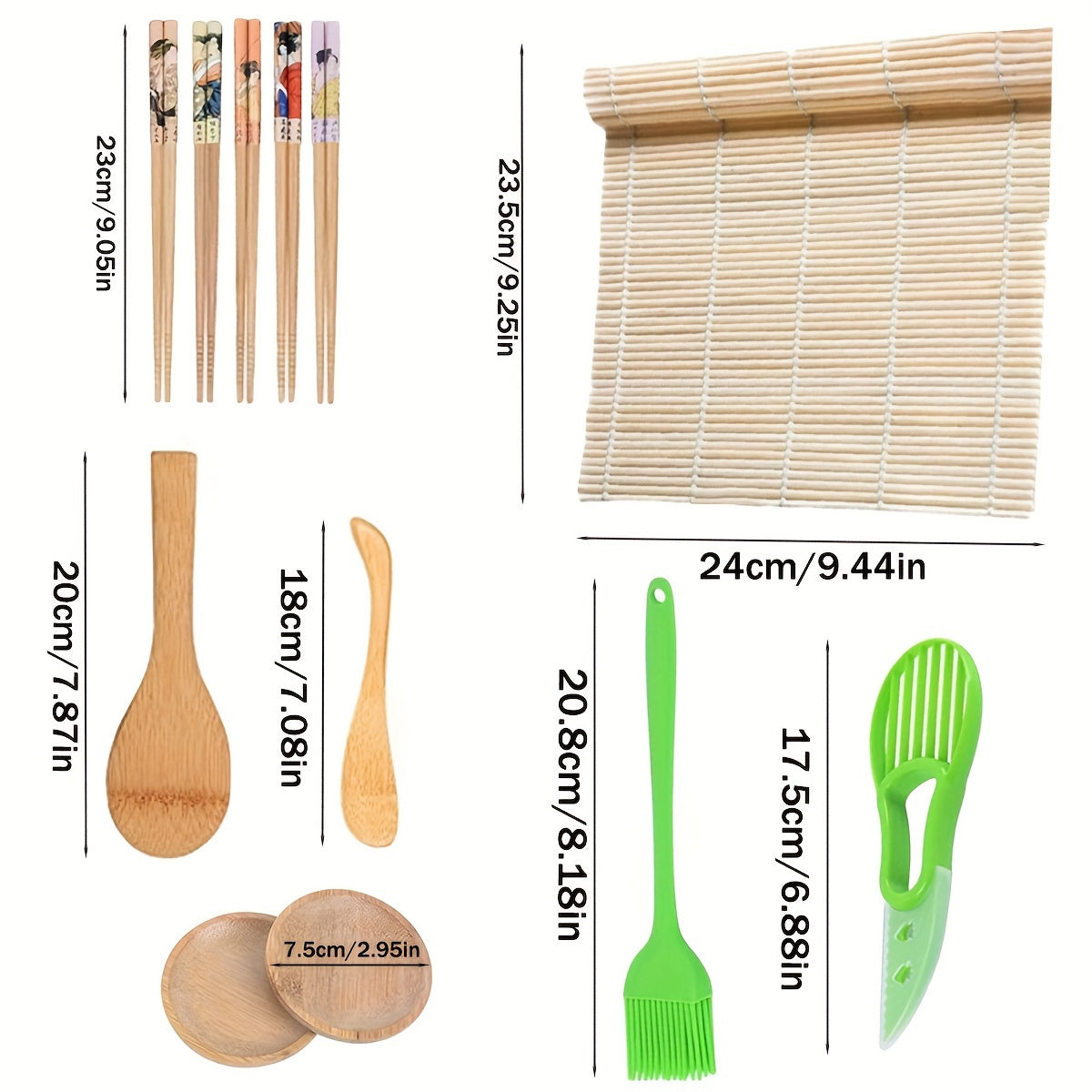 Sushi making kit for beginners includes 22 pieces, including rice roller mold, reusable maker set, fork, spatula, and other kitchen tools.