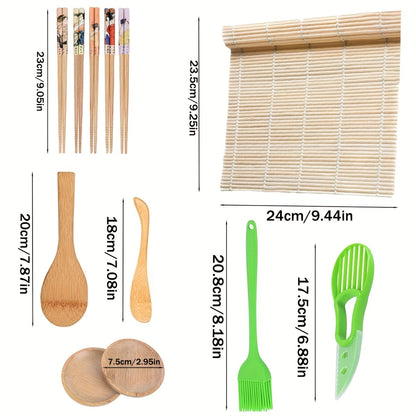 Sushi making kit for beginners includes 22 pieces, including rice roller mold, reusable maker set, fork, spatula, and other kitchen tools.