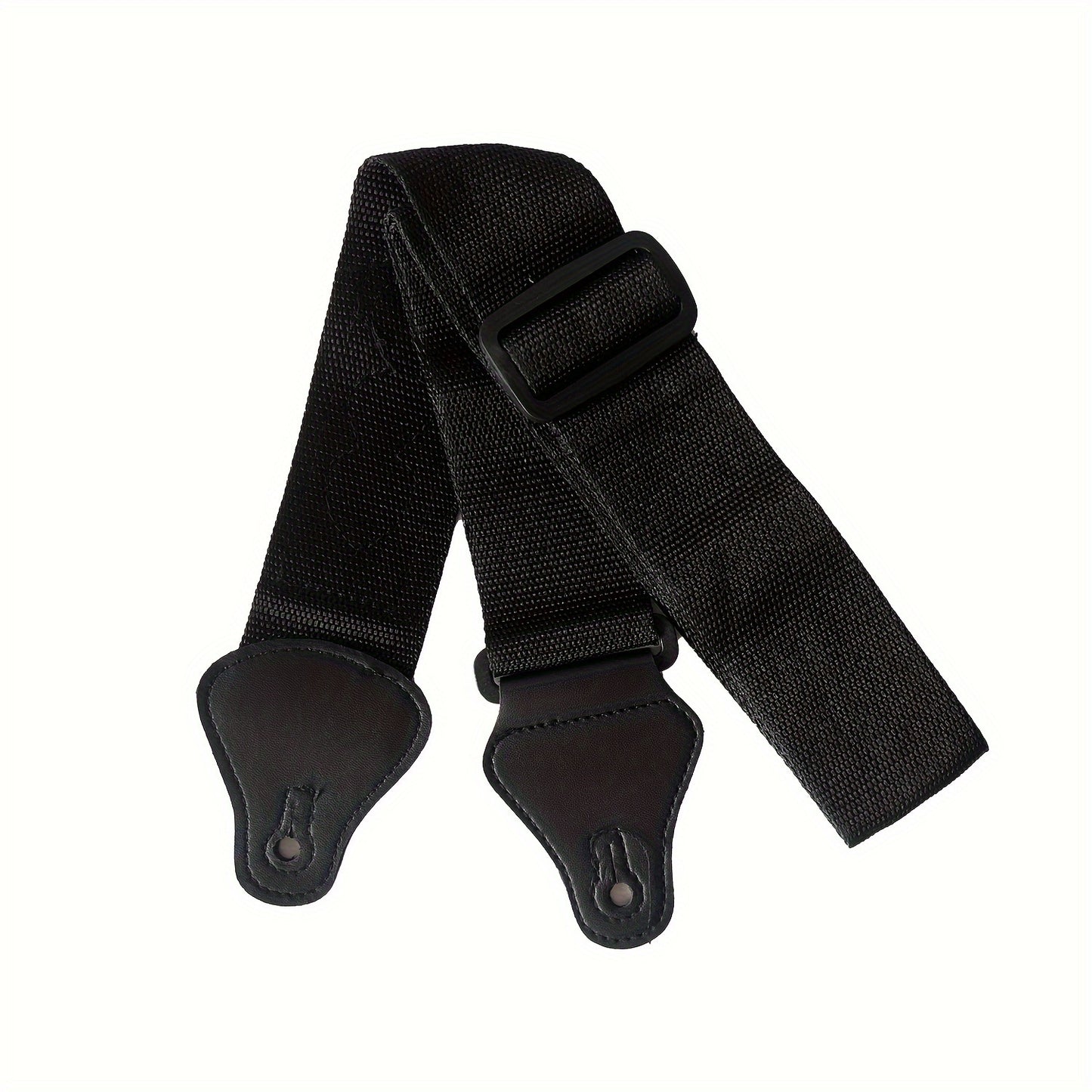 Adjustable black woven nylon guitar strap with paddle holder for versatile playing comfort.