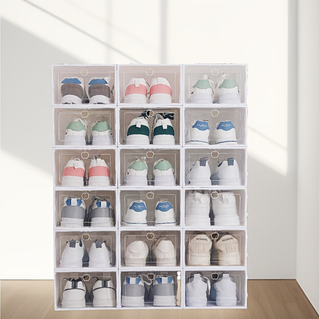 12 clear shoe boxes with hinged lids, collapsible storage containers, drawer-style clear shoe organizer, plastic shoe holder, multi-tier space-saving storage system.