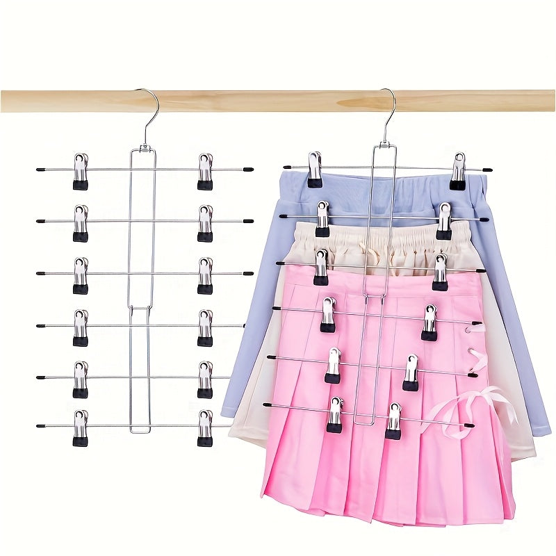 Foldable metal closet organizer with 6 tiers of storage, ideal for saving space and hanging pants and skirts. A must-have for college dorms, suitable for both boys and girls. Features a durable multi-layer design for effective organization of your