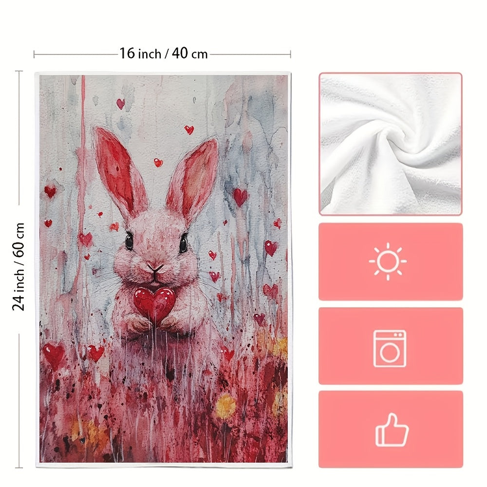 Two pieces of Valentine's Day Bunny Kitchen Towels, featuring a modern Coastal Style design. Made from highly absorbent polyester knit fabric that is machine washable. Each towel measures 40.64x60.96 cm, making them perfect for holiday decor. Item