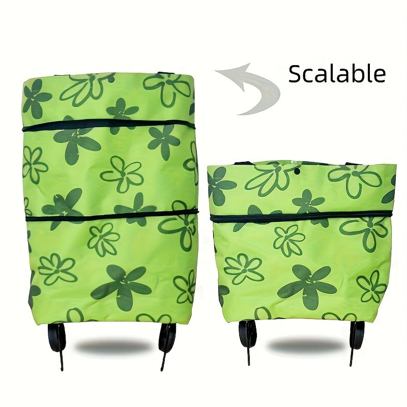 Perfect for shopping and storage, this foldable shopping cart tote bag with wheels is a convenient option. Made of waterproof Oxford fabric, it has a smooth zipper, hand strap, and wear-resistant roller. The large capacity, lightweight design makes it