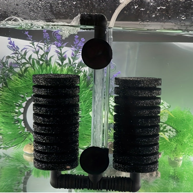 Silent dual sponge biochemical filter for fish tanks with easy setup and strong suction cups. Air pump and tube not included.