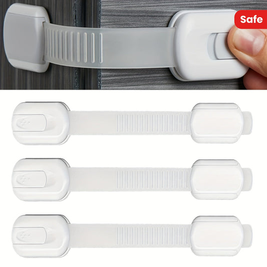 Childproof Cabinet Latches Set of 3, Adjustable Safety Drawer Straps, Easy-to-Install No-Drill Locks with Strong Adhesive, Made from Lead-Free Plastic for Toddler Proofing (0-3 Years)