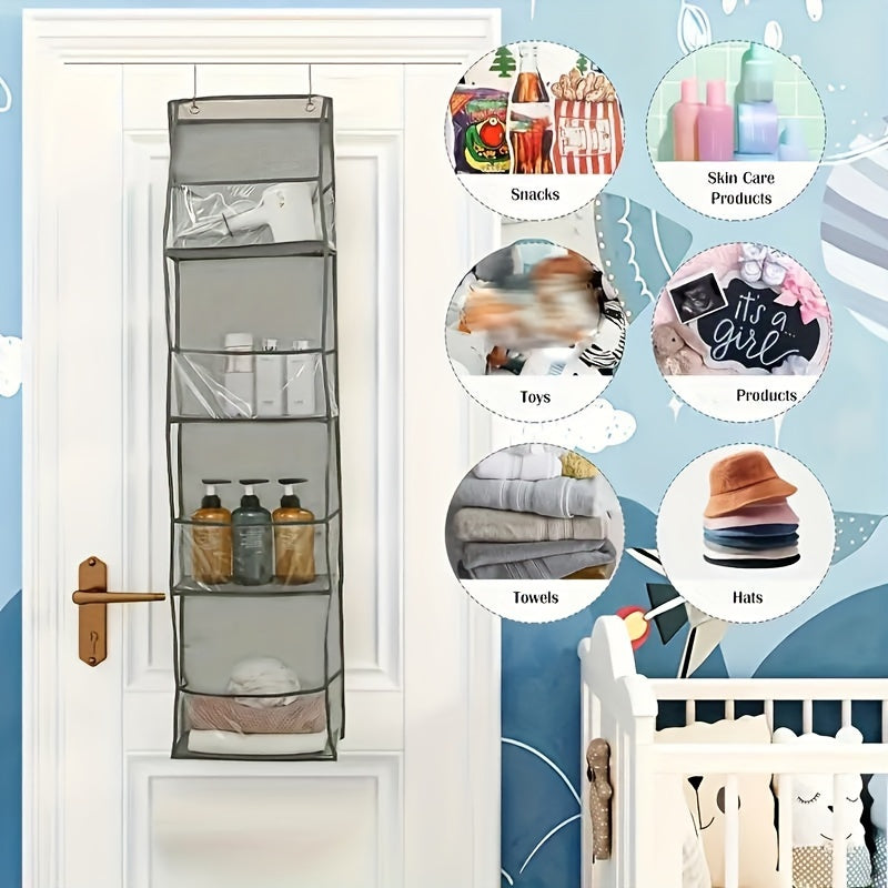 This multifunctional storage set includes four transparent PVC baskets with a stain-resistant material. They are designed to be hung on the back of a door for easy access and are perfect for storing a variety of items, such as food, cosmetics, and