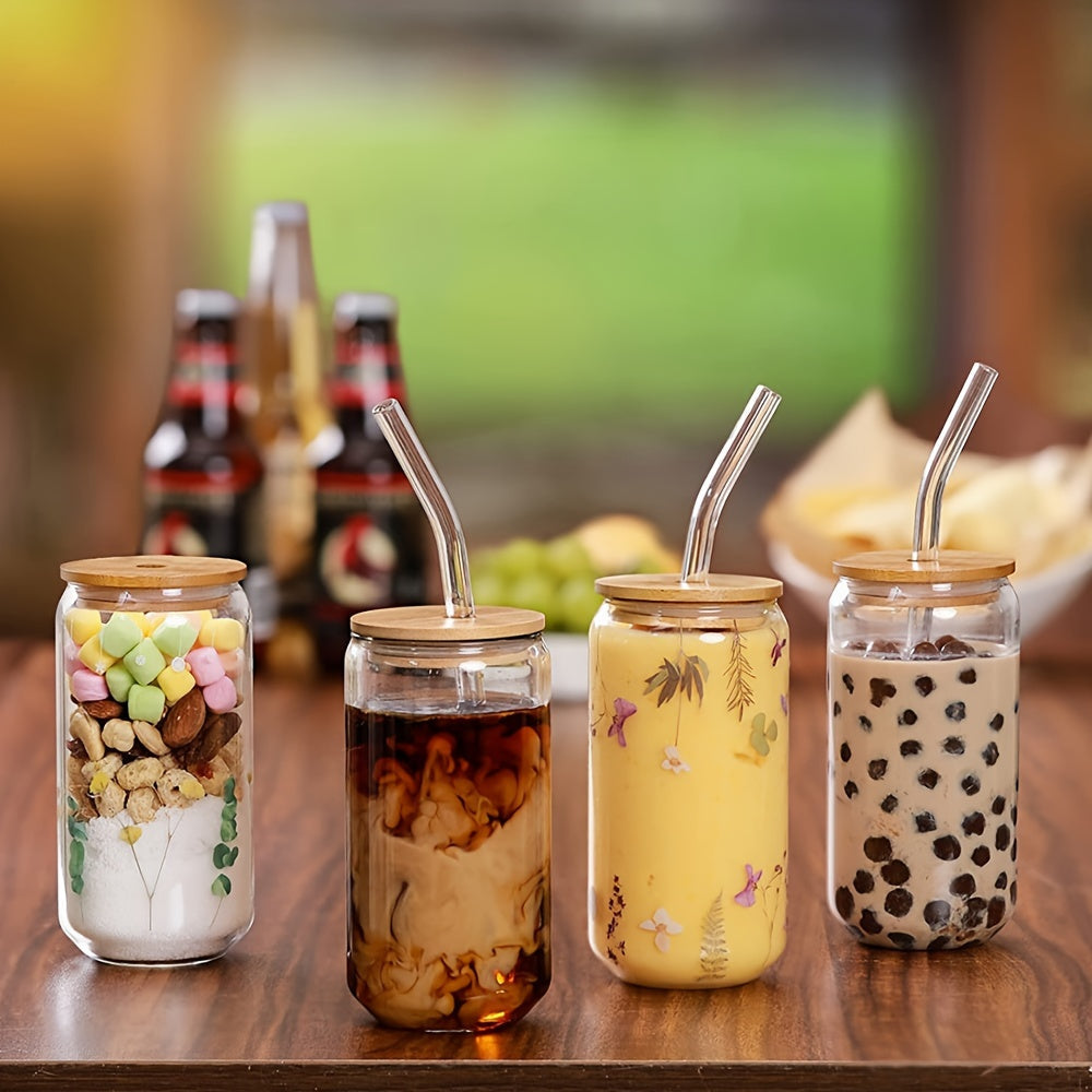 1 pack including 4 pieces: bamboo lids, straws, cleaning brushes, glass water cups, high borosilicate glass cups for cold and hot drinks, as well as glass cups with lids. Ideal for milk tea and fruit juice beverages.