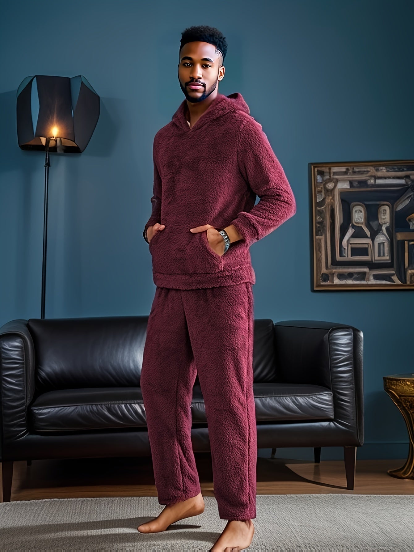 Cozy Men's Hooded Pajama Set made of plush fleece, with pockets and machine washable for winter sleepwear.