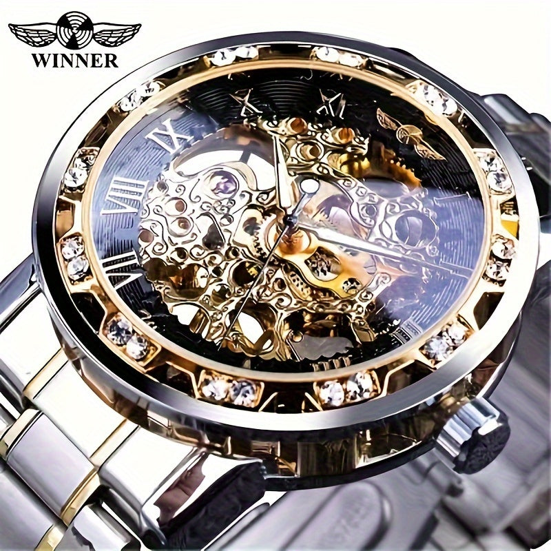 Men's Mechanical Watch with Skeleton Design, Rhinestone Accents & Stainless Steel Band.