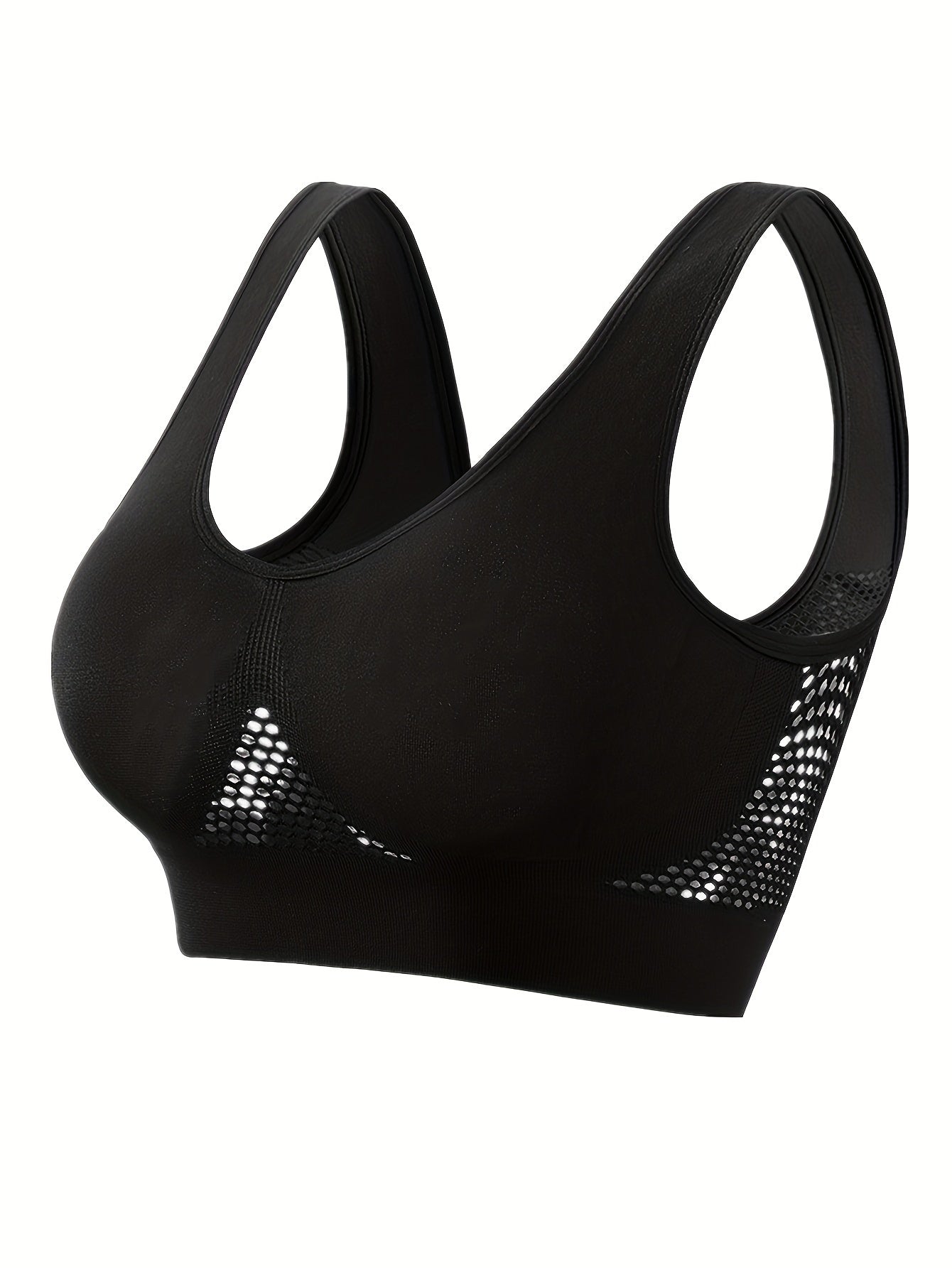 Four mesh hollow sports bras for women, comfortable and seamless for running and sports.