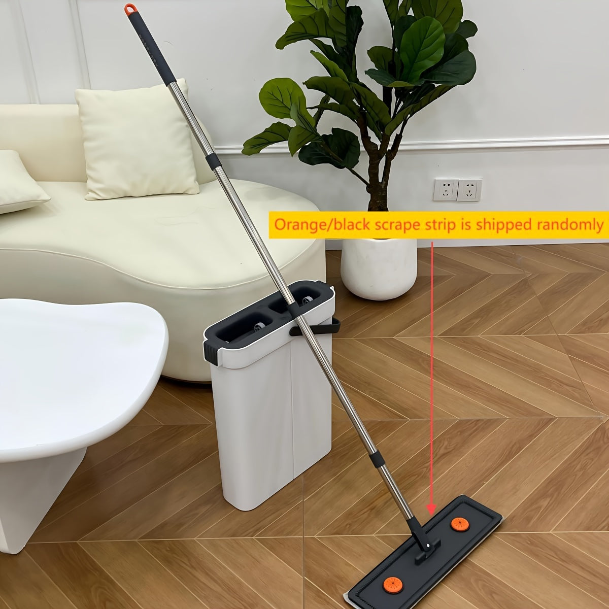 Hands-free squeeze mop with wringer and flat bucket system, 360-degree long handle for easy floor cleaning. Includes 2 microfiber pads and made of plastic material. Perfect for use in living room, bedroom, bathroom, and kitchen.