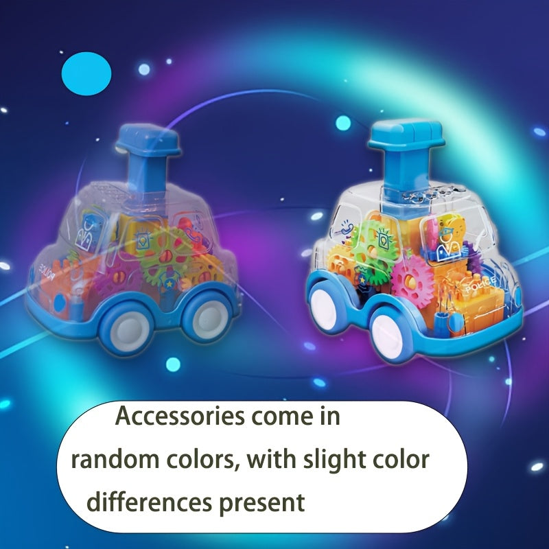 Get ready for endless fun with the Set of Interactive Gear Press Push Toy Vehicles! These transparent gear inertia cartoon friction cars are durable, non-electric, and come in random gear colors. Made from high-quality red and blue plastic, they make the