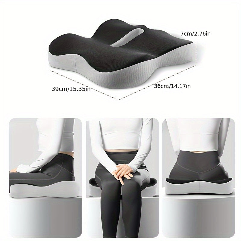 Memory foam office chair cushion for long sitting, ergonomic tailbone relief with pressure-relieving soft polyester fiber, ideal for home and office use.