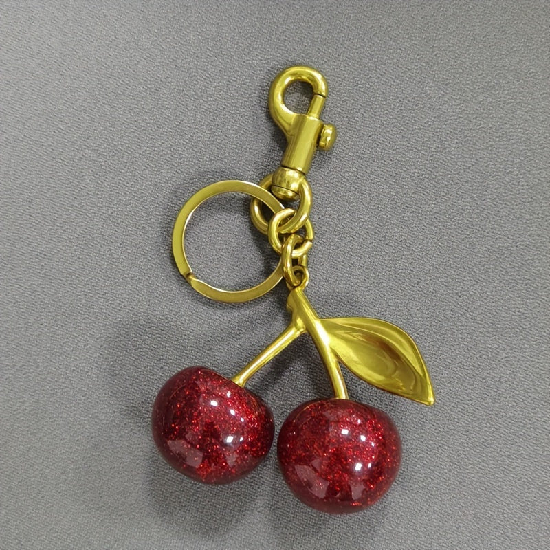 Glistening Cherry Fruit Keychain - Made of Alloy with Resin Pendant, featuring a Food-Inspired Circular Design, Adjustable C-Hook Clasp for Women's Purses & Handbags.