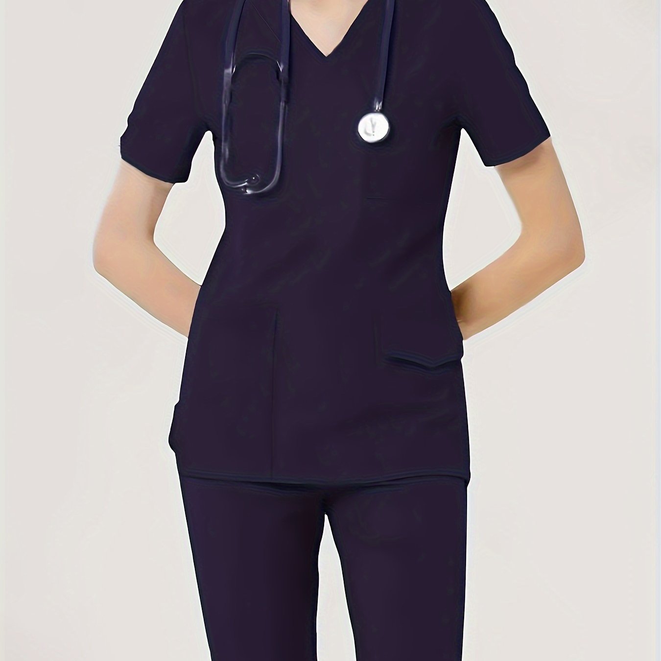 Women's two-piece healthcare uniform with a V-neck top, stretchy fabric, dental scrub gloves, functional pockets, and comfortable fit.